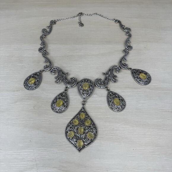 Vintage Monet Silver Tone Marcasite and Rhinestone Scroll Statement Necklace - Picture 2 of 10